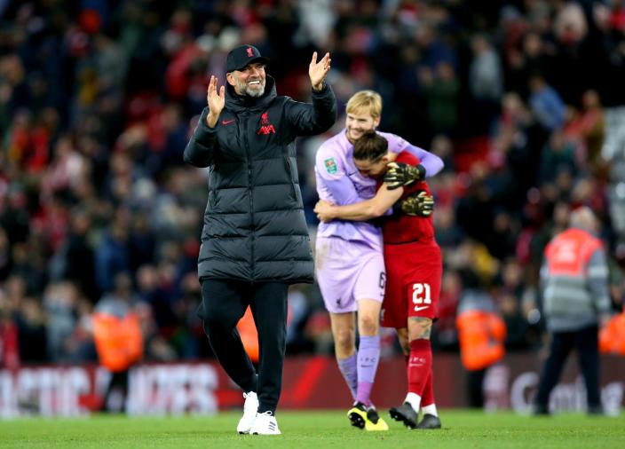 Liverpool manager Jurgen Klopp celebrates at the end of the Carabao Cup third round (PA)