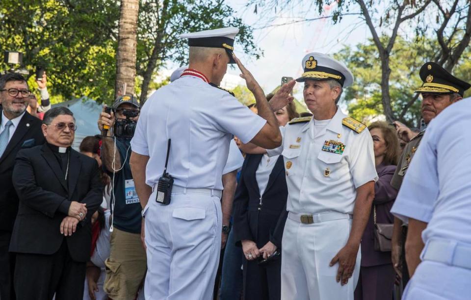 Vice Admiral Ernesto Colunge Pinto (right), Chief of the General Staff of the Navy of Peru, welcomes Captain José Luis Arce Corzo, the B.A.P. Unión Commanding Officer, after the colossal four-masted flagship of the Peruvian Navy, docked at Maurice Ferré Park in Miami.