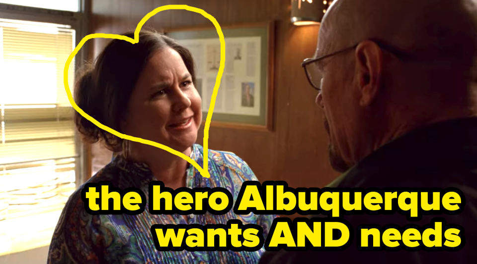 A picture of Saul's assistant who chewed Walt out has a heart over her face, and the caption says "the hero Albuquerque wants AND needs"