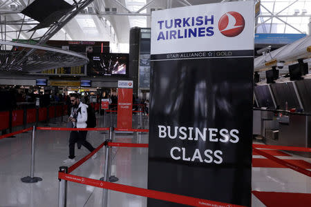 A sign for Turkish Airlines stands near the counters inside of JFK International Airport in New York, U.S., March 21, 2017. REUTERS/Lucas Jackson