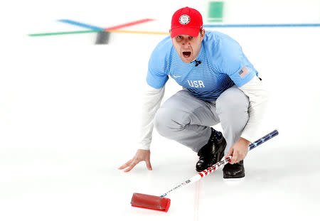 Curling - Pyeongchang 2018 Winter Olympics - Men's Semi-final - Canada v U.S. - Gangneung Curling Center - Gangneung, South Korea - February 22, 2018 - Skip John Shuster of the U.S. shouts to his team mates. REUTERS/Cathal McNaughton