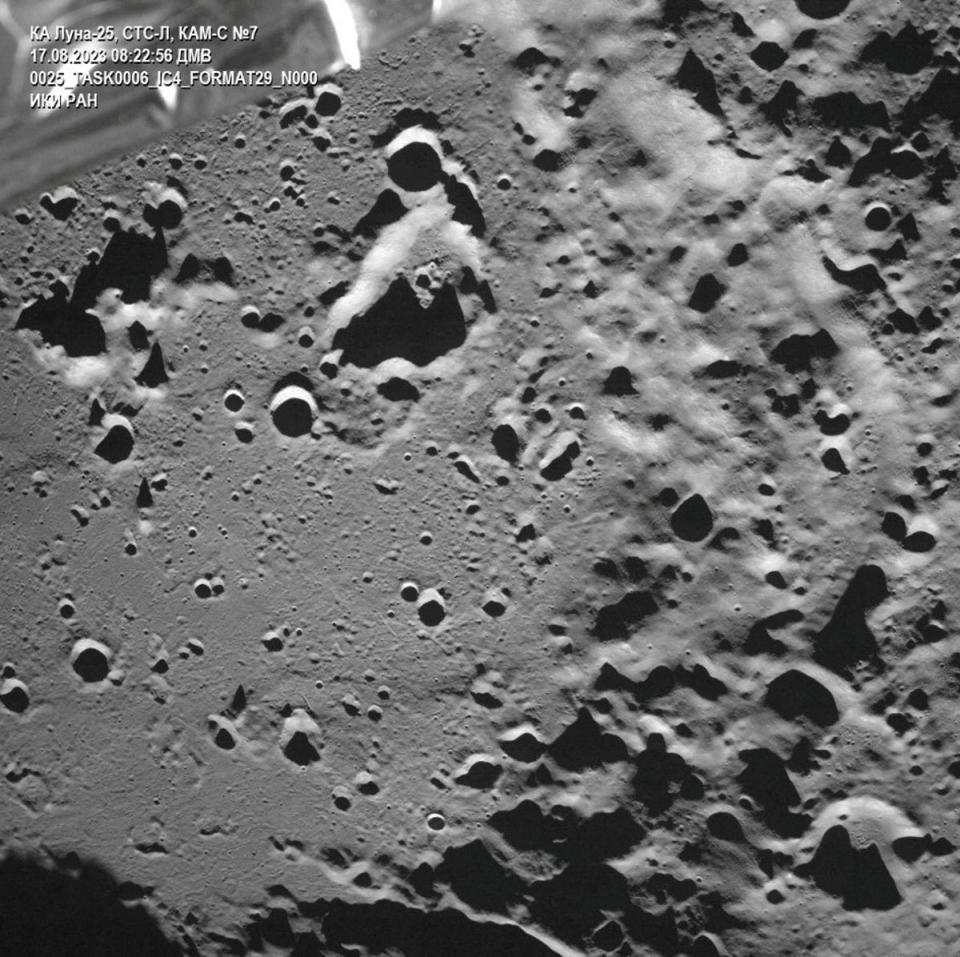 A picture taken from the camera of the lunar landing spacecraft Luna-25 shows the Zeeman crater located on the far side of the moon (via REUTERS)