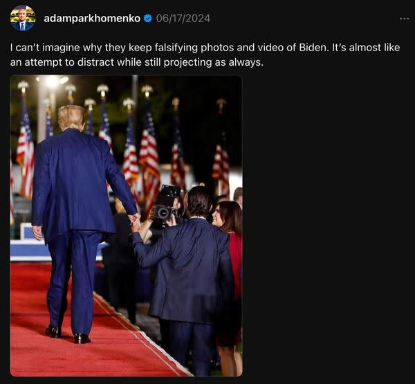Online users claimed a photo purportedly showed former US President Donald Trump holding the hand of his son because he needed help leaving a stage.