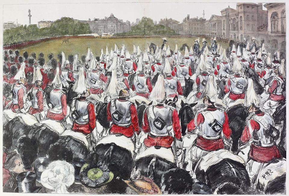 <p>An illustration of the 1805 Trooping the Colour ceremony.</p>