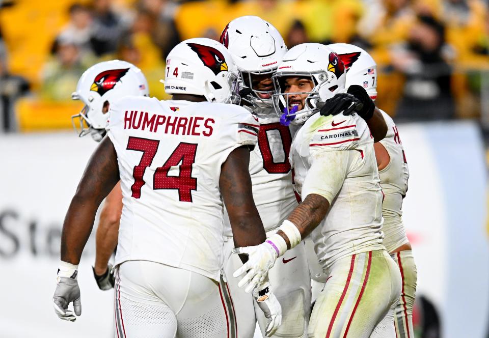 PITTSBURGH, PENNSYLVANIA - DECEMBER 03: James Conner #6 of the Arizona Cardinals celebrates after a touchdown during the fourth quarter in the game against the Pittsburgh Steelers at Acrisure Stadium on December 03, 2023 in Pittsburgh, Pennsylvania. (Photo by Joe Sargent/Getty Images)