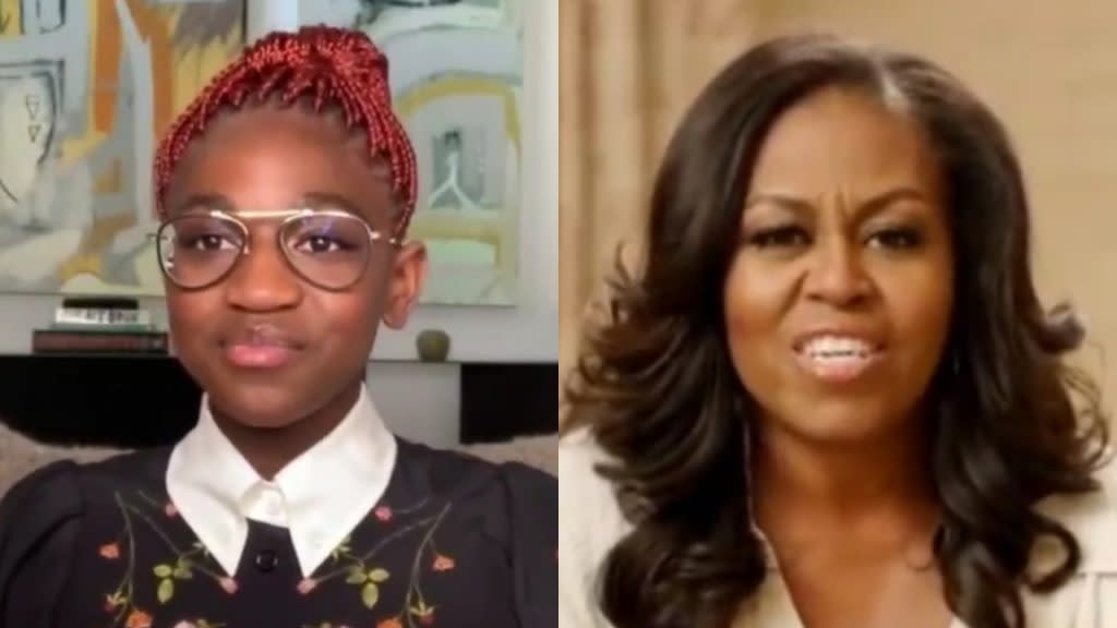 Zaya Wade (left), Dwyane Wade’s 13-year-old daughter, was completely star-struck when she got to meet former First Lady Michelle Obama, her “idol,” during a Thursday video call.