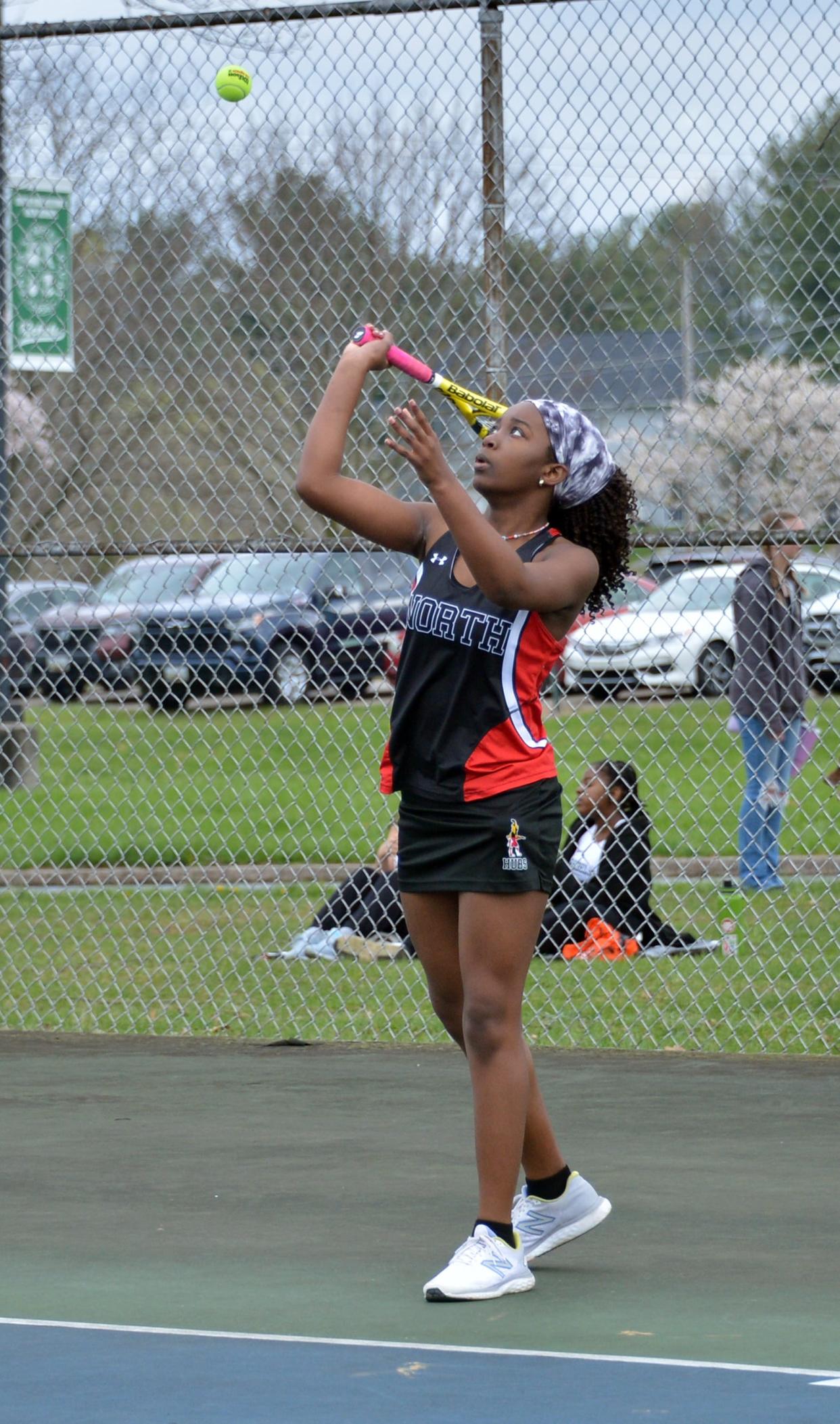 North Hagerstown's Varuna Guerrier serves during a victory in the girls third doubles match against South Hagerstown.