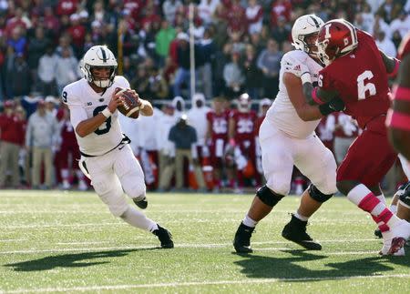 Oct 20, 2018; Bloomington, IN, USA;Penn State Nittany Lions quarterback Trace McSorley (9) attempts to run the ball into the end zone during the second quarter of the game against the Indiana Hoosiers at Memorial Stadium . Mandatory Credit: Marc Lebryk-USA TODAY Sports