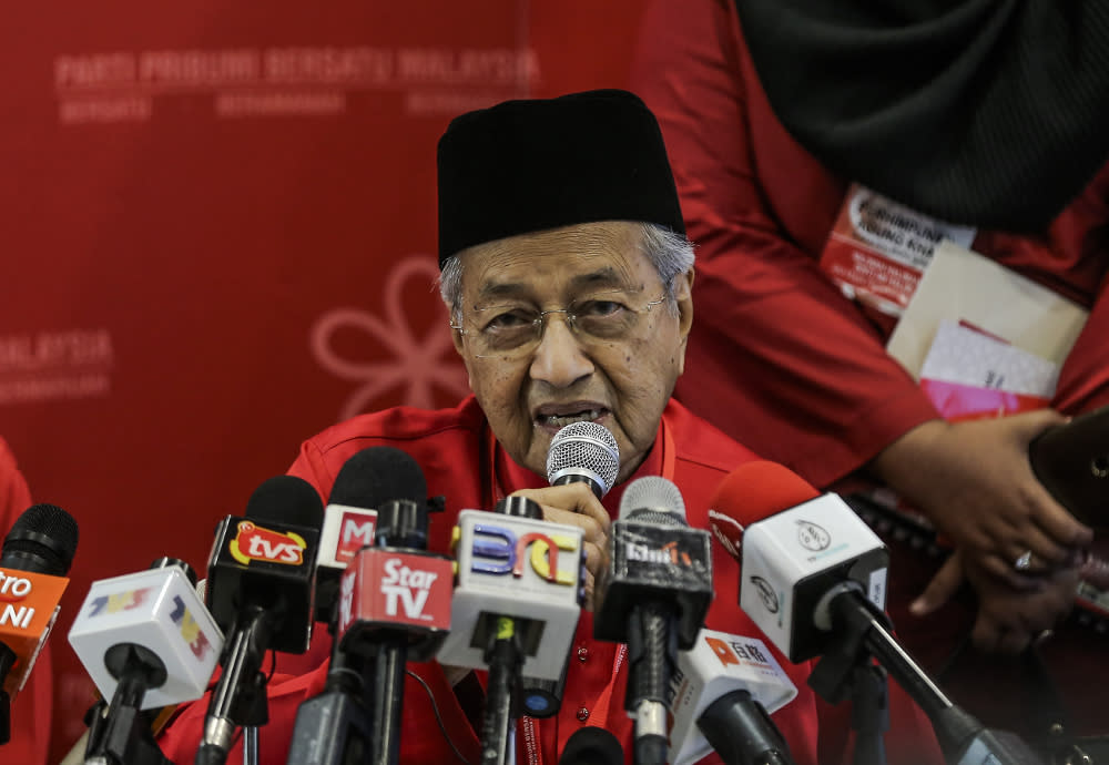 Parti Pribumi Bersatu Malaysia (PPBM) chairman Tun Dr Mahathir Mohamad speaks during Bersatu special assembly, at Malaysia Exposition Park Serdang (MAEPS), Serdang July 20, 2019. — Picture by Firdaus Latif