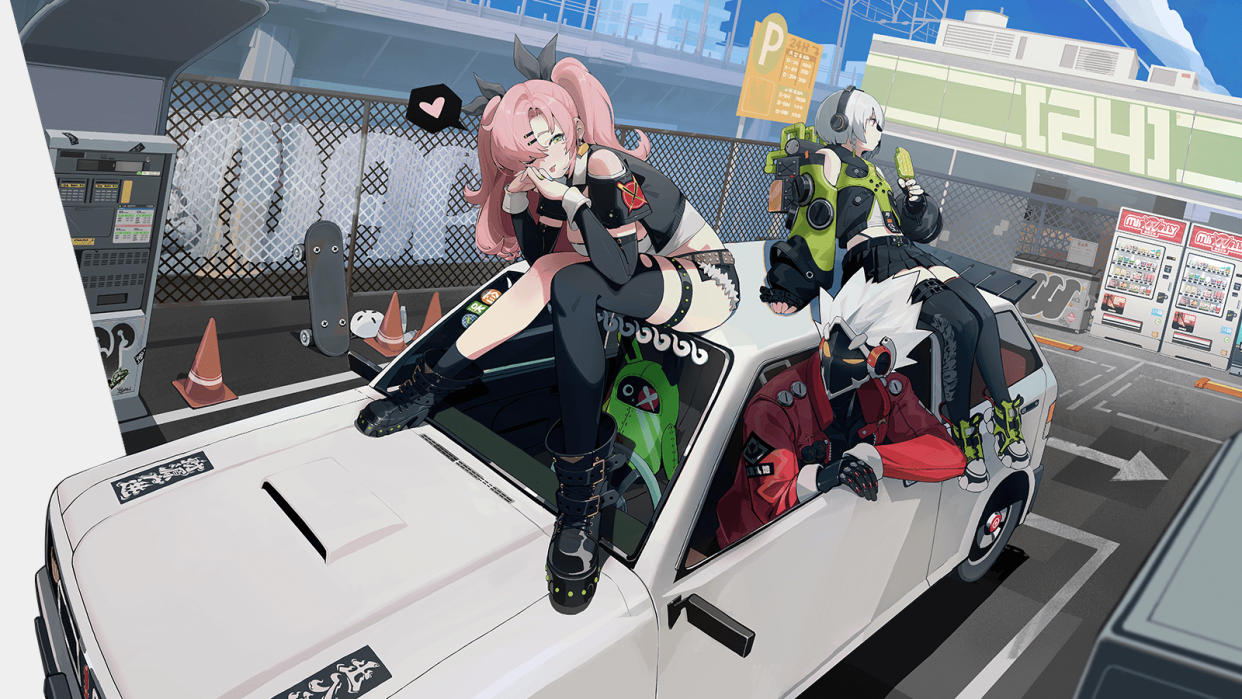  Zenless Zone Zero — three of the game's characters lounging in (and on) a car between missions. 