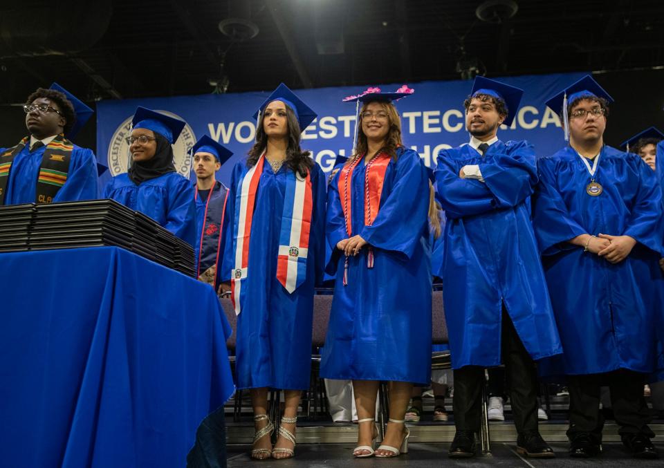 Worcester Technical High School graduates fill the stage Tuesday at the DCU Center.
