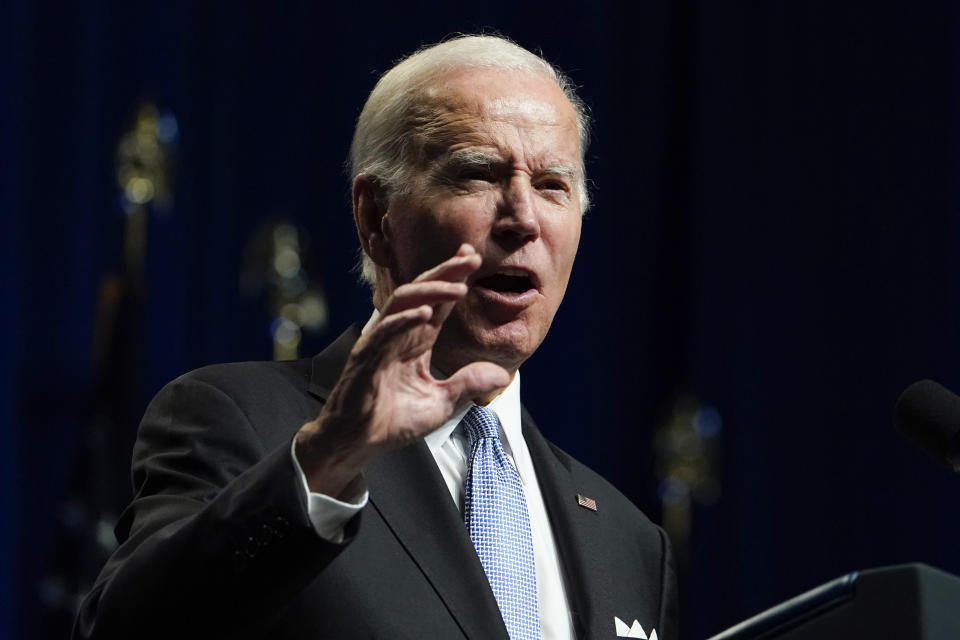 President Joe Biden speaks during the Pennsylvania Democratic Party's 3rd Annual Independence Dinner in Philadelphia, Friday, Oct. 28, 2022. (AP Photo/Manuel Balce Ceneta)