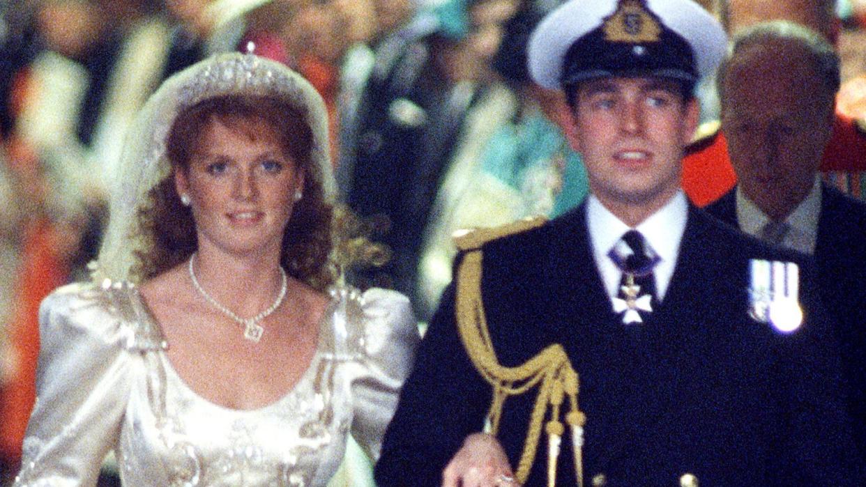 Prince Andrew and Sarah Ferguson walking out of their wedding ceremony