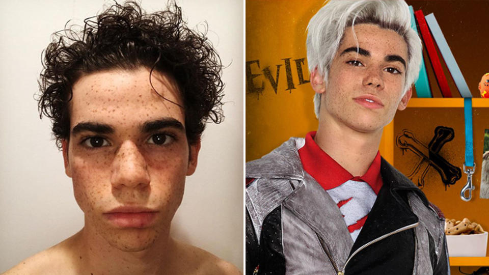 Pictured on the left and the right is Cameron Boyce, a Disney star of Descendants fame, who died aged 20.