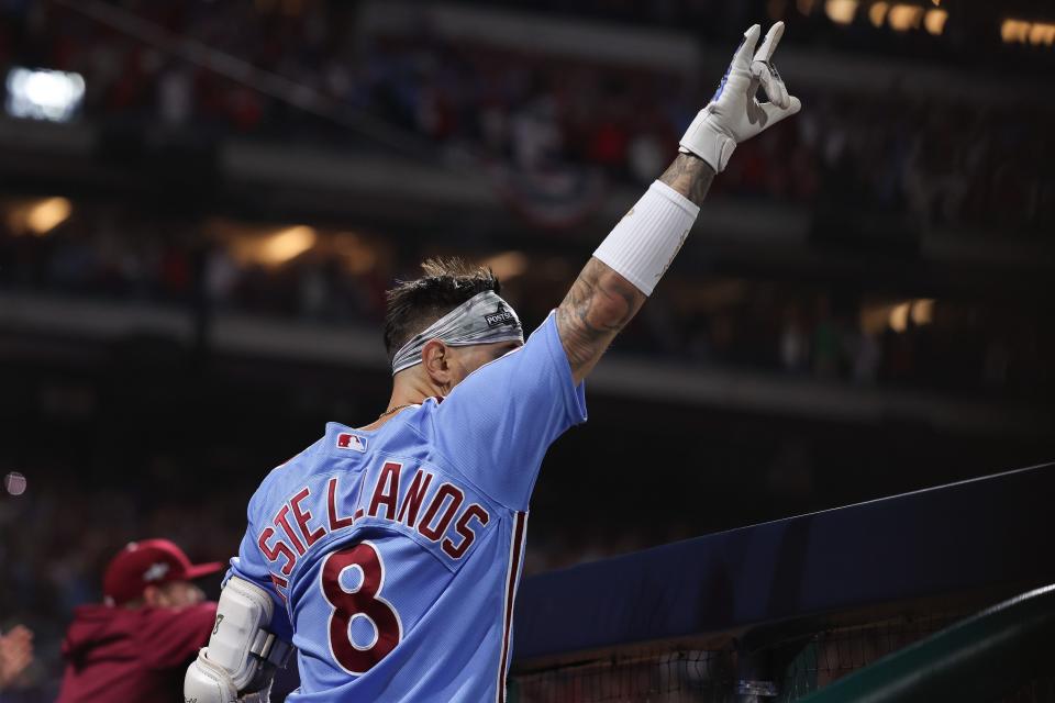 Nick Castellanos celebrates his home run in the sixth inning of Game 4 on Thursday, Oct. 12, 2023, in Philadelphia.