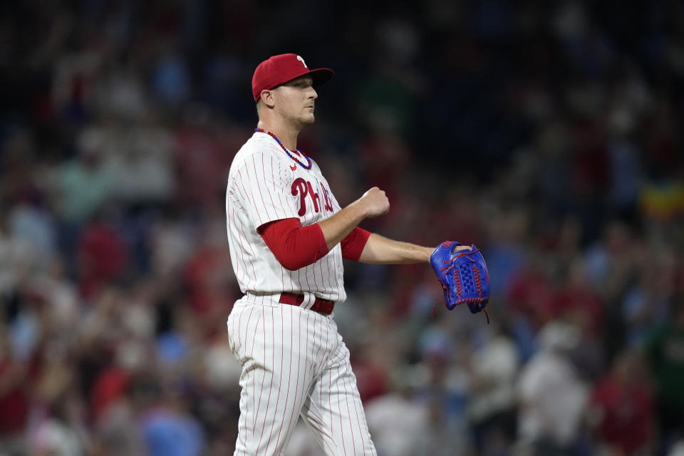 Philadelphia Phillies pitcher Jeff Hoffman reacts after the Phillies won a baseball game against the St. Louis Cardinals, Friday, Aug. 25, 2023, in Philadelphia. (AP Photo/Matt Slocum)