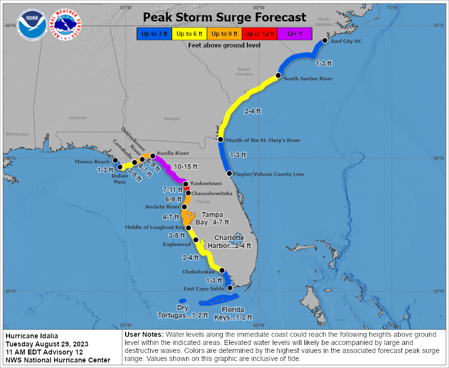 Peak storm surge expected from Hurricane Idalia 11 a.m. Aug. 29, 2023.
