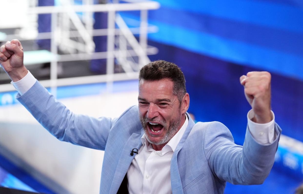 Fred Sirieix, father of Great Britain's Andrea Spendolini-Sirieix celebrates at the Aquatics Centre on the fifth day of the 2024 Paris Olympic Games in France. Picture date: Wednesday July 31, 2024.