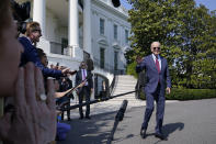 President Joe Biden waves after talking with reporters on the South Lawn of the White House in Washington, Wednesday, May 31, 2023, before traveling to Colorado. (AP Photo/Susan Walsh)