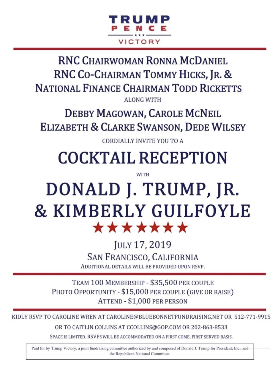 The event invitation, obtained exclusively by the <a href="https://www.sfexaminer.com/news-columnists/trump-jr-fundraises-for-president-at-nob-hill-party-for-sf-republicans/" rel="nofollow noopener" target="_blank" data-ylk="slk:San Francisco Examiner;elm:context_link;itc:0;sec:content-canvas" class="link "><b>San Francisco Examiner</b></a>.