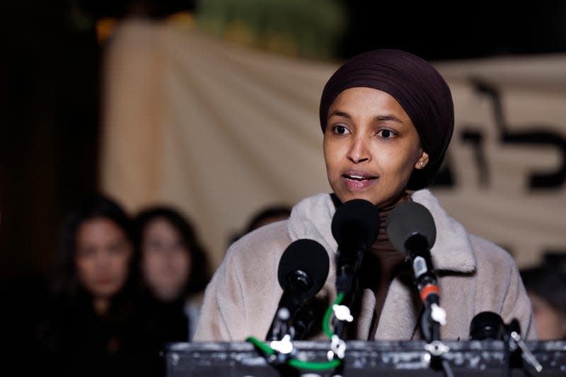 WASHINGTON, DC - NOVEMBER 13: U.S. Rep. Ilhan Omar (D-MN) speaks during a news conference calling for a ceasefire in Gaza outside the U.S. Capitol building on November 13, 2023 in Washington, DC. House Democrats held the news conference alongside rabbis with the activist group Jewish Voices for Peace.