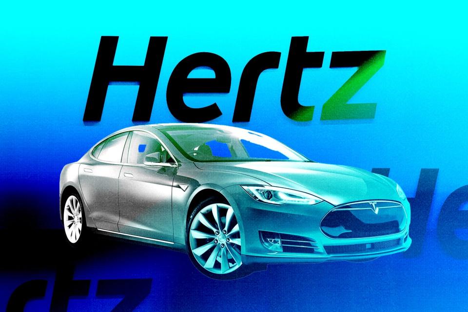 Photo illustration of the Hertz logo and a Tesla Vehicle.