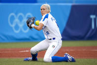 Italy's Amanda Fama fields the ball during the softball game between the Italy and Australia at the 2020 Summer Olympics, Thursday, July 22, 2021, in Fukushima , Japan. (AP Photo/Jae C. Hong)