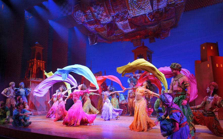 This undated image released by Disney Theatrical Productions shows a scene from the production of the musical "Aladdin." (AP Photo/Disney Theatrical Productions, Deen van Meer)