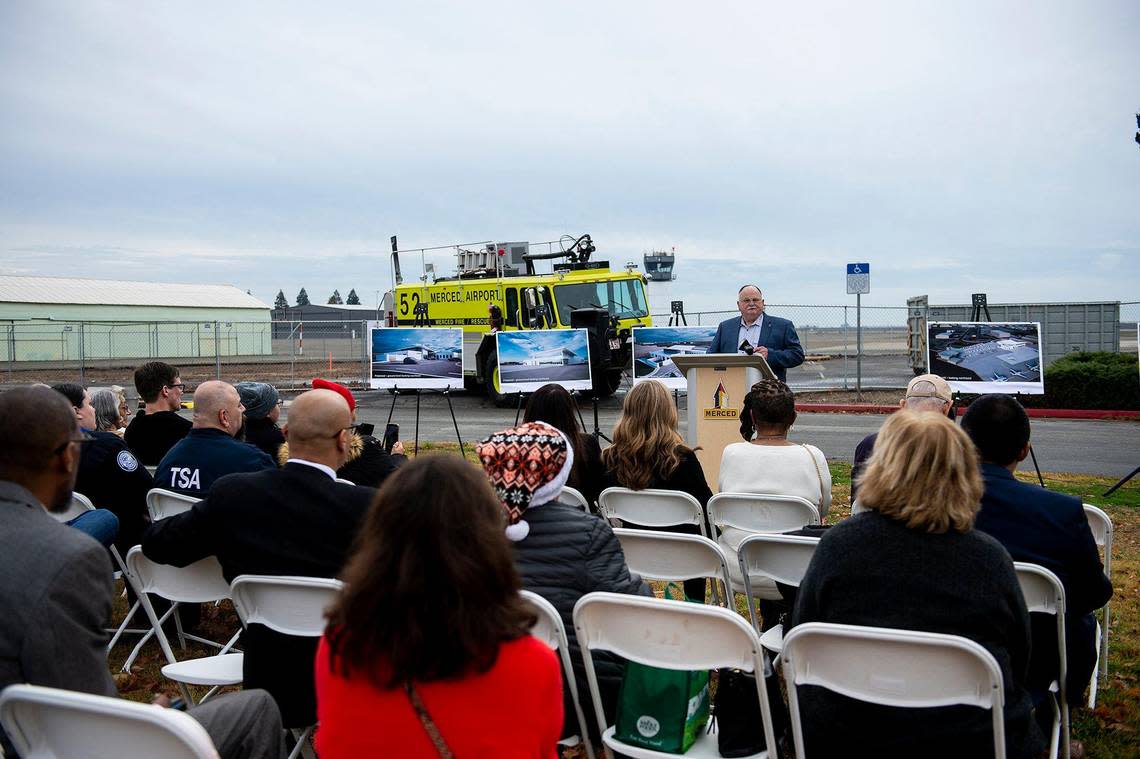 Regional Airport Authority Chairman Bob Scoble speaks during a groundbreaking ceremony for a $17 million dollar airport terminal replacement project at the Merced Yosemite Regional Airport in Merced, Calif., on Thursday, Dec. 21, 2023. The project will include updates to the existing 1940s-era terminal as well as the construction of a new energy-efficient and sustainable facility.