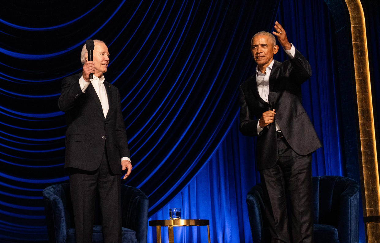 From left, President Joe Biden and former President Barack Obama at a fundraising event for Biden’s reelection campaign in Los Angeles on June 15, 2024. (Erin Schaff/The New York Times)