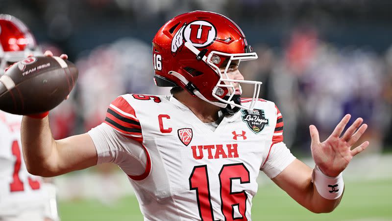 Utah Utes quarterback Bryson Barnes warms up as Utah and Northwestern prepare to play in the SRS Distribution Las Vegas Bowl on Saturday, Dec. 23, 2023. Barnes accepted an offer from Utah State after entering the transfer portal.