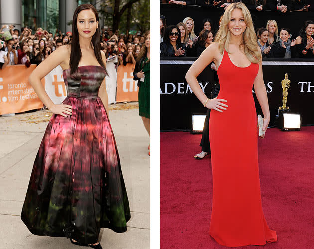 Left: Jennifer Lawrence at 2012 Toronto Film Fest. Right: Lawrence at 2011 Oscars. 