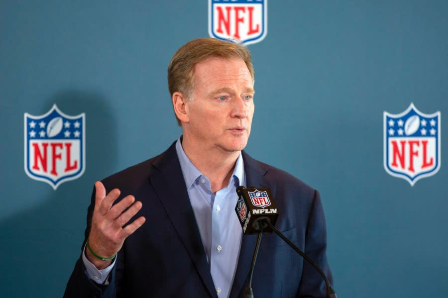 NFL Commissioner Roger Goodell addresses the media at the NFL Owners Meetings at the Omni Hotel, Tuesday, May 23, 2023 in Eagan, Minn. (AP Photo/Andy Clayton-King, File)