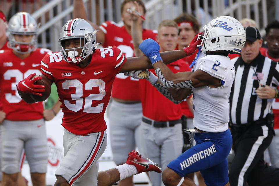 Ohio State running back TreVeyon Henderson plays against Tulsa during an NCAA college football game Saturday, Sept. 18, 2021, in Columbus, Ohio. (AP Photo/Jay LaPrete)