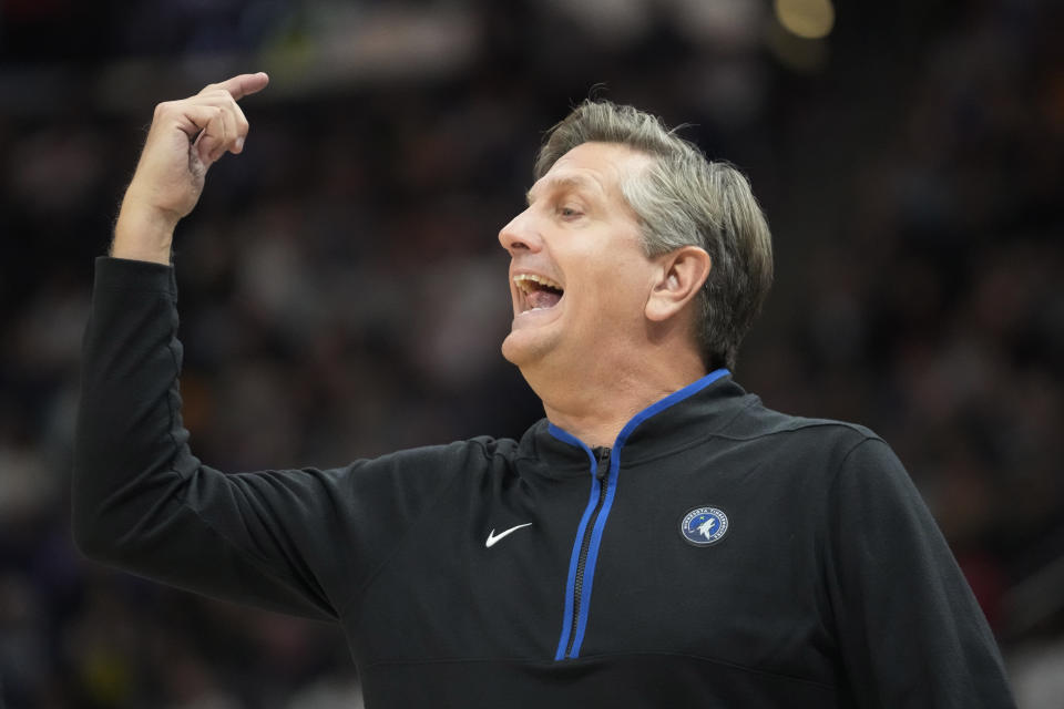 Minnesota Timberwolves coach Chris Finch reacts during the first half of the team's NBA basketball game against the Utah Jazz on Friday, Dec. 9, 2022, in Salt Lake City. (AP Photo/Rick Bowmer)