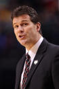 PORTLAND, OR - MARCH 15: Head coach Steve Alford of the New Mexico Lobos reacts in the first half while taking on Long Beach State 49ers in the second round of the 2012 NCAA men's basketball tournament at Rose Garden Arena on March 15, 2012 in Portland, Oregon. (Photo by Jed Jacobsohn/Getty Images)