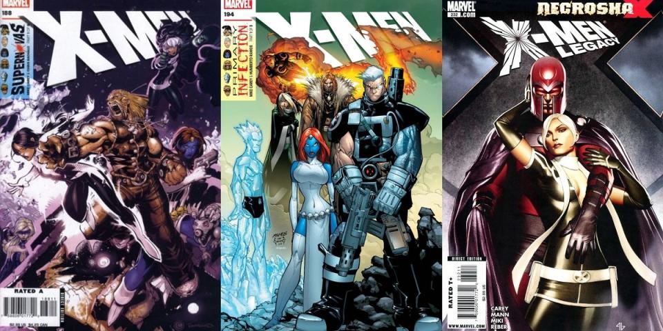 X-Men and X-Men: Legacy covers, illustrated by Chris Bachalo, Humberto Ramos, and Adi Granov. All issues written by Mike Carey. 