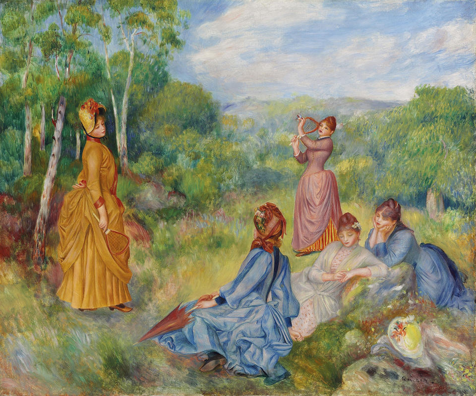 In this image provided by Christie's auction house, Friday, Jan. 31, 2014 is "Young Women Playing Badminton" by French impressionist painter Pierre-Auguste Renoir. It is part of the Huguette Clark collection that is scheduled to be offered at auction May 6 in New York. (AP Photo/Christie's)