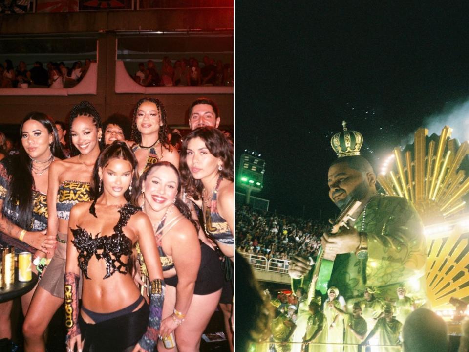 Group of six girls posing for a photo (L) Carnival float in Rio (R)