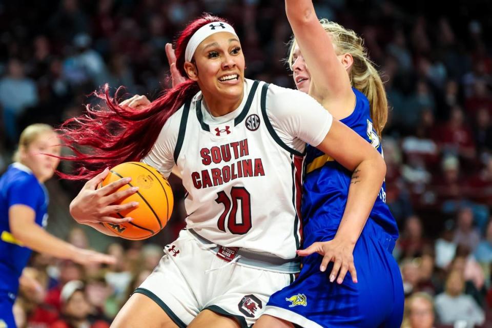 Kamilla Cardoso (10) averages 13.9 points, 10.1 rebounds and 3.2 blocks per game for No. 1-ranked South Carolina. Kentucky must face the Gamecocks twice this season.