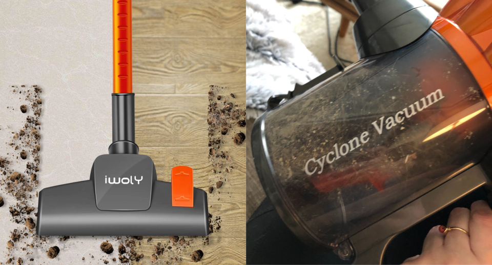 split screen of iwoly V600 Vacuum Cleaner with dirt and hair