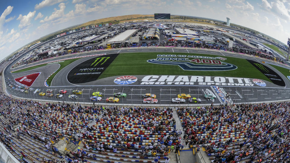 William Byron (24) leads the field to the start of a NASCAR Cup Series auto race at Charlotte Motor Speedway Sunday, Sept. 29, 2019 in Concord, N.C. (AP Photo/Mike McCarn)