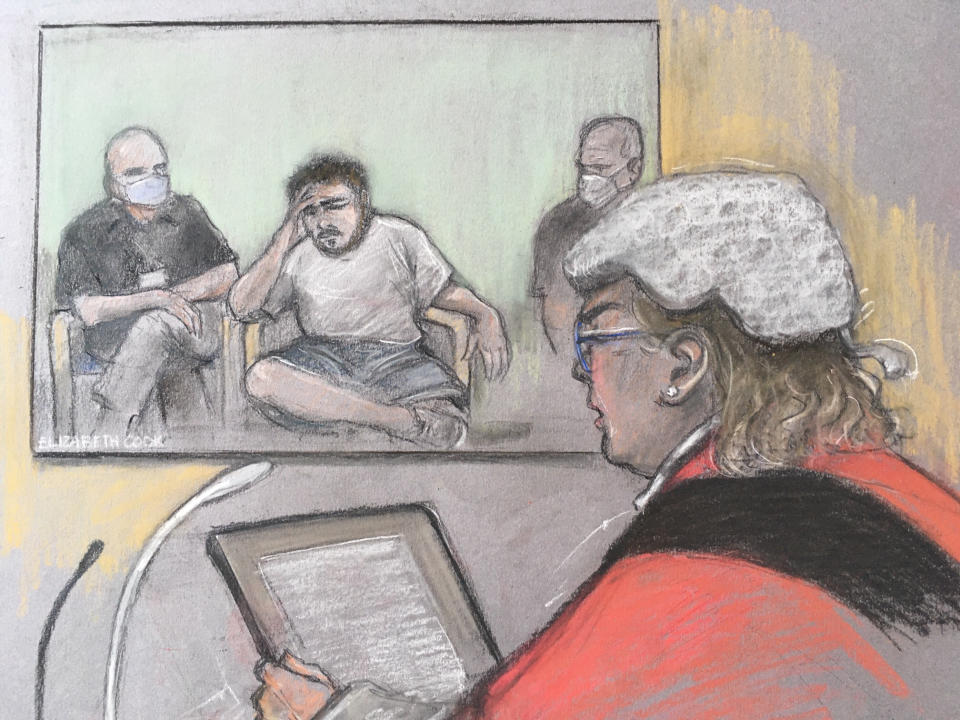 Court artist sketch of Jonty Bravery being sentenced by Mrs Justice McGowan as he appeared in court at the Old Bailey via videolink. (PA)