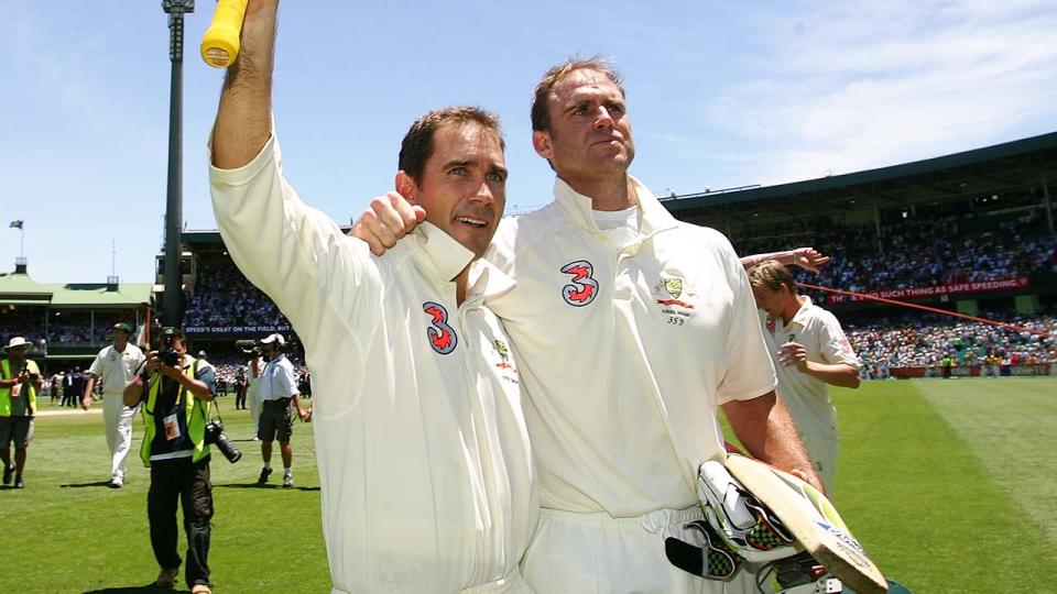 Matthew Hayden (pictured right) embracing Justin Langer (pictured left).