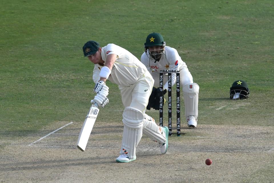 Steve Smith, pictured here batting on the flat Rawalpindi pitch against Pakistan.