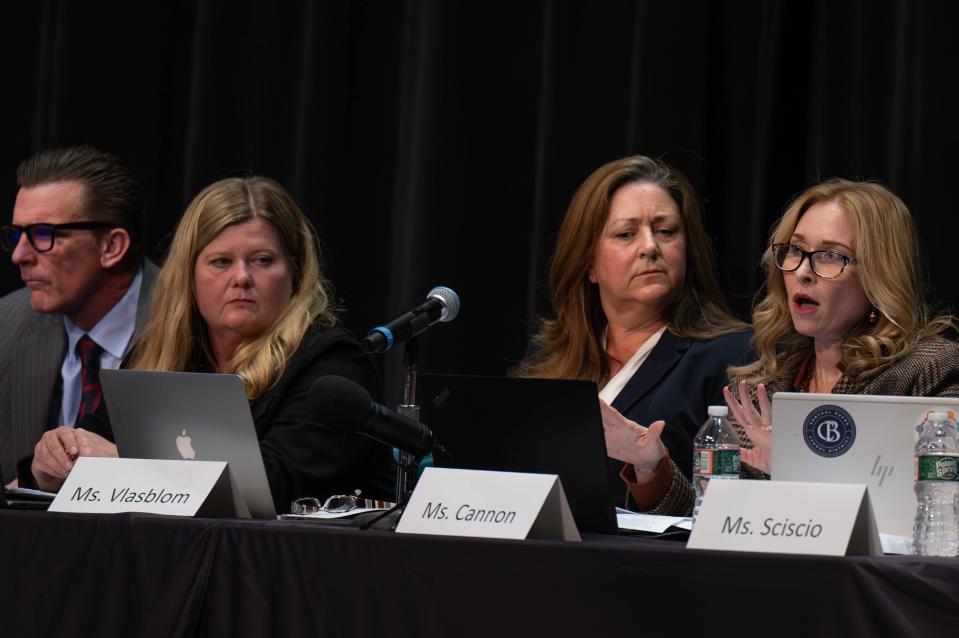 Central Bucks School Board members James Pepper (far left) Karen Smith, Leigh Vlasblom and Debra Cannon (far right) at the Nov. 14, 2023 Central Bucks School Board meeting,.