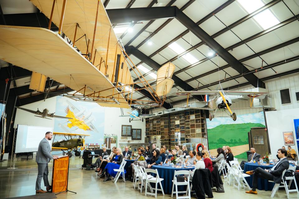 USAF veteran Justin McEwan shares his story at an event held Feb. 29, 2024, at the March Air Field Museum in Riverside, Calif.