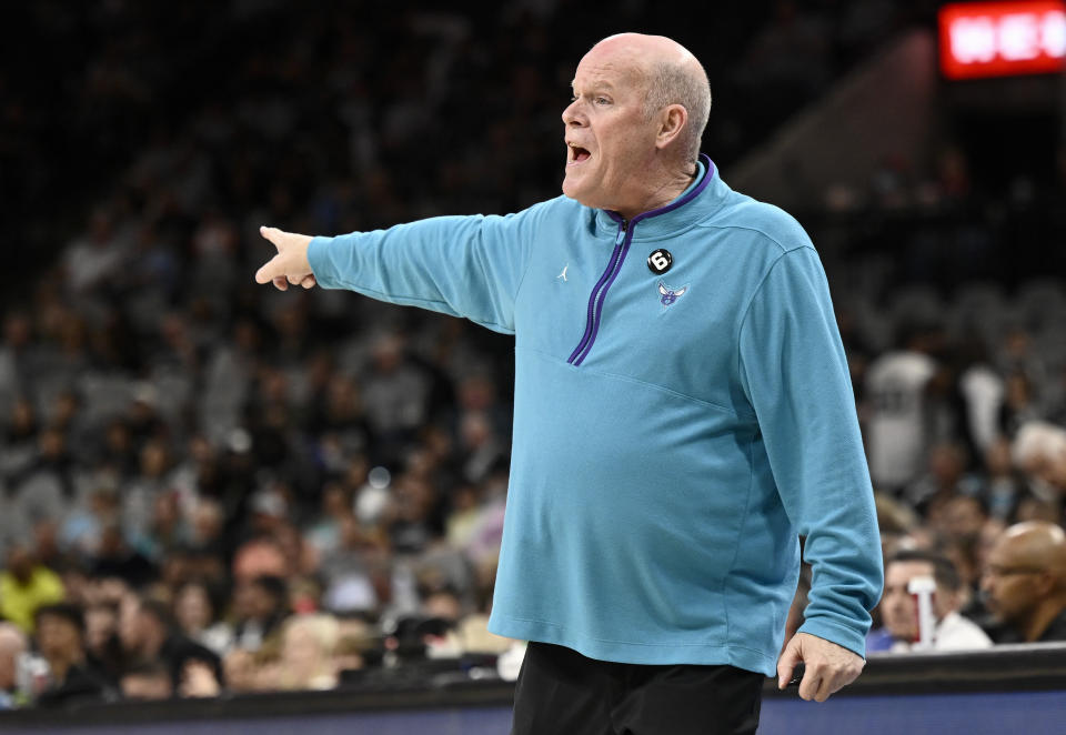 Charlotte Hornets head coach Steve Clifford gestures to his players during the second half of an NBA basketball game against the San Antonio Spurs, Wednesday, Oct. 19, 2022, in San Antonio. Charlotte won 129-102. (AP Photo/Darren Abate)