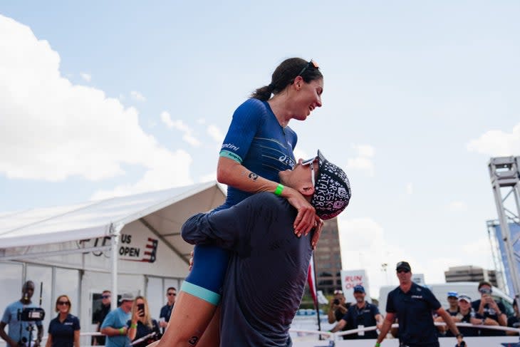 Ashleigh Gentle and Josh Amberger embrace after Gentle wins the PTO US Open