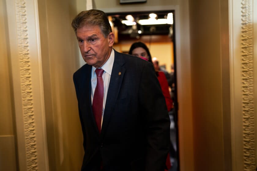 WASHINGTON, DC - NOVEMBER 01: Sen. Joe Manchin (D-WV) arrives for a news conference on the Senate Side of the U.S. Capitol Building on Monday, Nov. 1, 2021 in Washington, DC. (Kent Nishimura / Los Angeles Times)